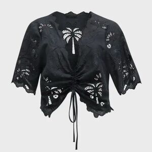 MOTHER Black Ruched Tie Front Crop Blouse